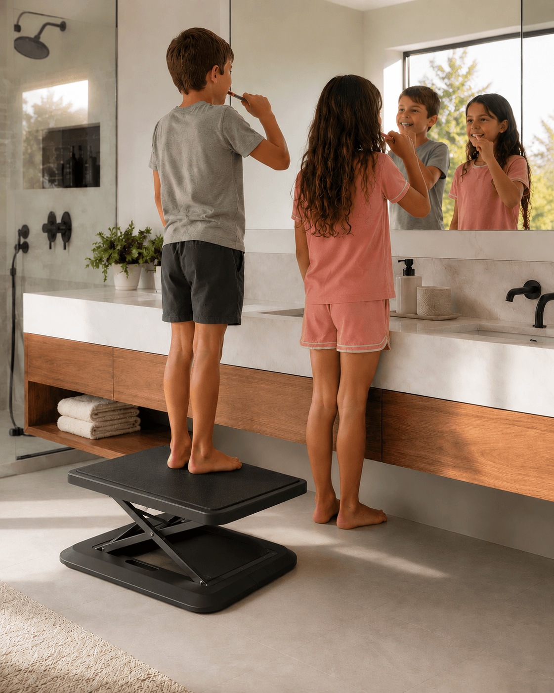 Two kids standing on Rizer Mat to brush their teeth